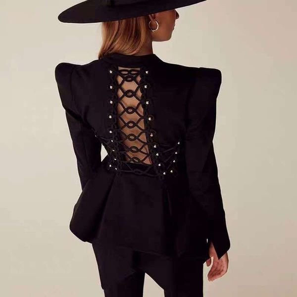 

catwalk women blazer beaded bandage hollowed out slim suits 2019 autumn new style lady coat, White;black