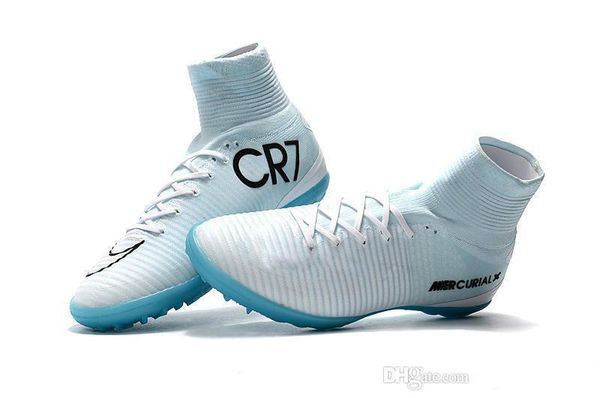 

white cr7 blue original flat soccer cleats mercurial superfly v tf/ic sx indoor kid soccer shoes cristiano ronaldo 7 football boots uo014