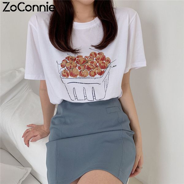 

women's t-shirt 2021 summer t shirts women short sleeve tee shirt o-neck cherry pattern print tees casual for female blusa, White