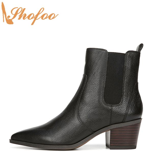

black ankle boots high chunky heels woman pointed toe booties zipper large size 14 16 ladies fashion mature shoes shofoo