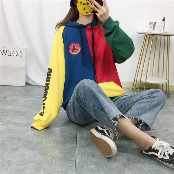 

korean version of the mosaic sweatshirt color matching letters large pocket hip hop sweatshirt casual hooded, Black