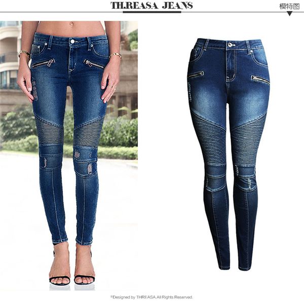 

spring skinny faded wash jeans blue mid waist zipper plain denim jeans women casual trousers