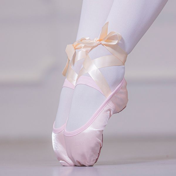 

solid color ribbon ballet shoes toe indoor yoga training shoe bandage shoes satin dance soft bottom two soles high quality