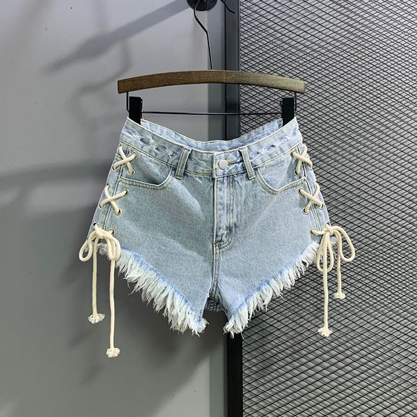 

women's shorts street style denim women fashion lace up tassel high waist a-line summer loose wide leg short pants jeans female, White;black
