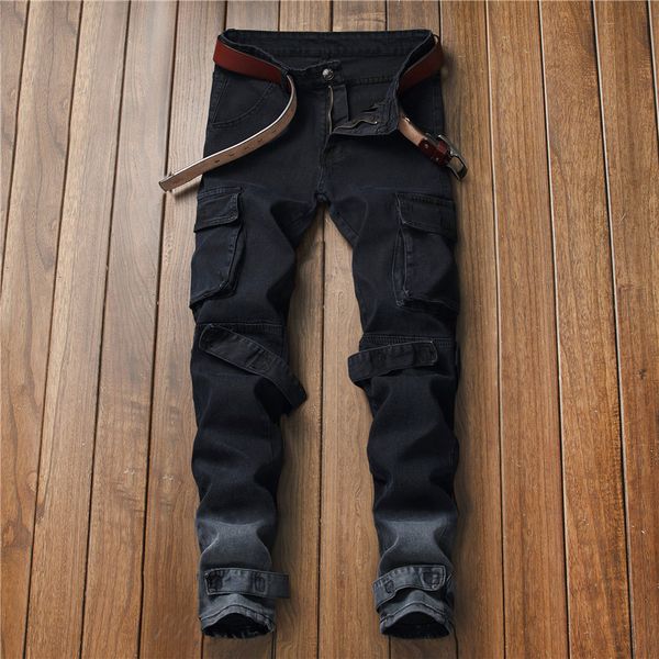 

men streetwear hip hop multi-pocket cargo motorcycle skinny jeans distressed slim fit stretch black denim biker pencil pants, Blue