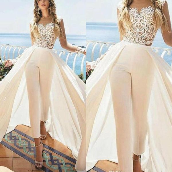 

wedding dresses jumpsuits with detachable train jewel neck lace appliqued illusion long sleeves bridal gowns custom made abiti da sposa, White