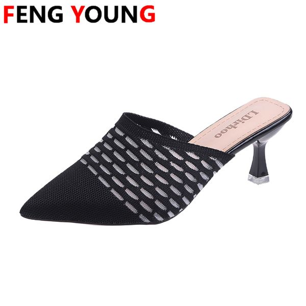 

women shoes pointed knit woven high heels fashion women heels stilettos mules loafer casual feminine slippers sandalias shoes, Black