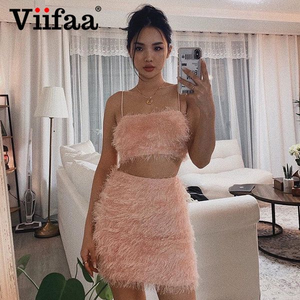 

viifaa розовый волосатые matching наборы crop топ и юбка fuzzy тощий two piece set партии одежды лета женщин sexy 2 шт костюмы, White