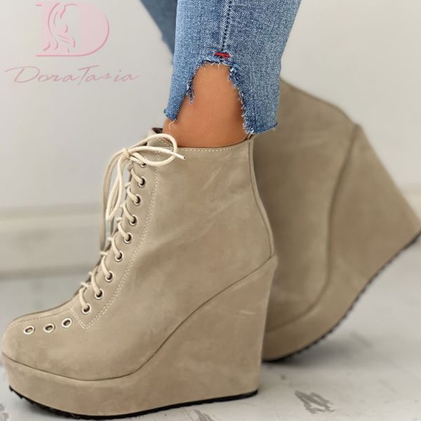 

doratasia 2020 large size 43 wedges high heels ankle boots woman shoes shoelaces autumn winter boots women shoes female, Black
