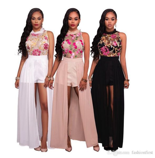 

fashion women sleeveless lace embroidery fabric dress chiffon black pink white dress price factory sale sheer jumpsuit dresses