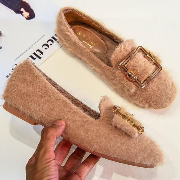 

woman flats winter fur shoes boots metal buckle square toe warm plush flat shoes ladies slip on loafers fur moccasins women shoe, Black