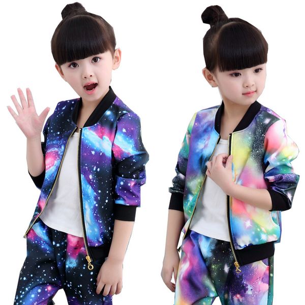 

kids girls boy tracksuit clothes set blue purple starry print sport suit for children jacket coat and pant 2pc clothing sets, White