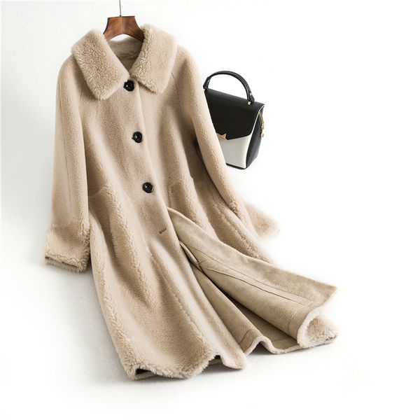 

women real wool fur coat jacket sheep shearing girl fur coats lady long jackets parka trench oms836, Black