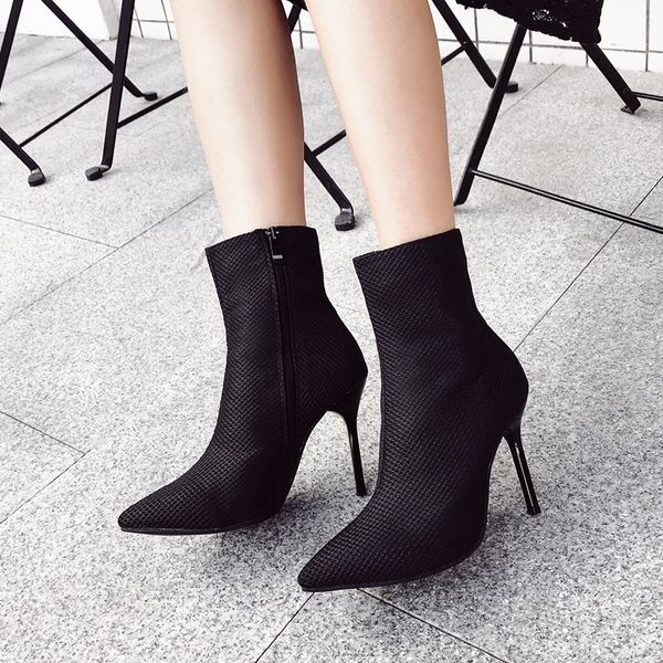 

2020 new women's high heel boots mesh shoes woman pointed toe solid color side zipper fashion women's spring boots size 35-40, Black