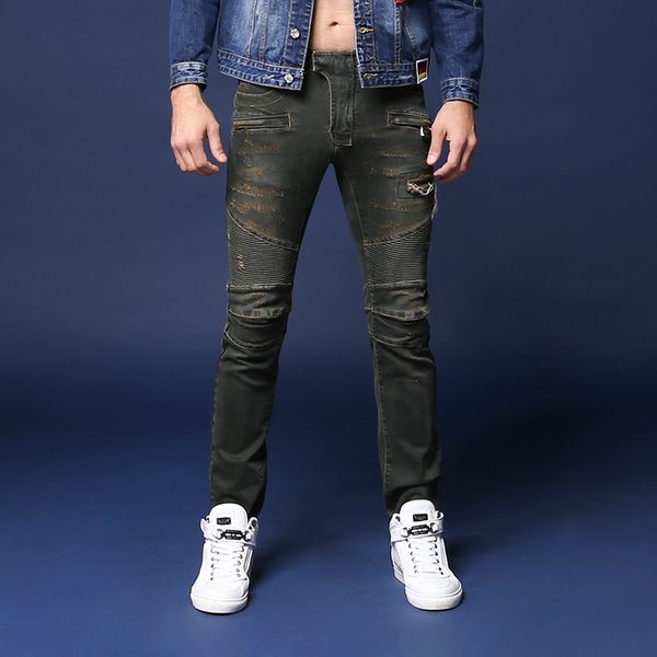 

New # 1031 Men's Embellished Ribbed Biker Stretch Distressed Slim Washed Jean Size 28-42