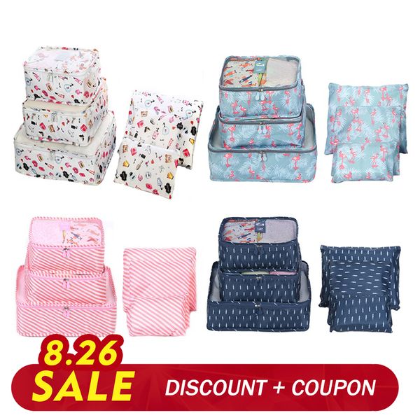 

6pcs/set luggage suitcase organizer travel storage bags mesh cloth packing cubes clothes underwear laundry bag flamingos