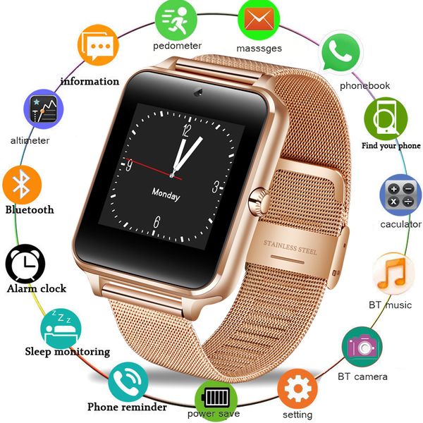 

2019 men smart watch z60 clock sync notifier support sim card bluetooth connectivity for ios android women smartwatch gt08 2019, Slivery;brown