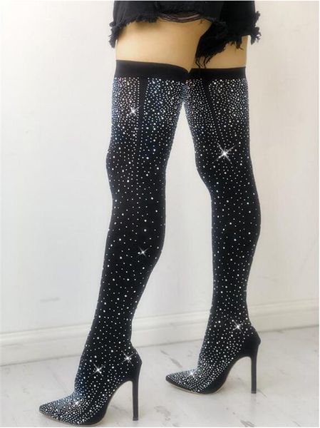 

lapolaka 2019 shiny sequin over the knee thin heel sock boots big size 43 woman 11 cm high heels party women's shoes woman, Black