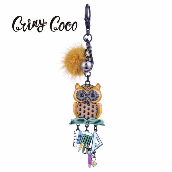 

2019 cute owl key ring women chain alloy metal yellow pompom keychain for girl boy gifts keychains leather animal bird keyring, Silver