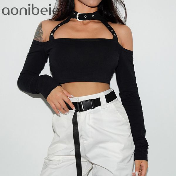 

aonibeier streetweat cool girls off shoulder women tees fashion eyelet choker detail slim fit t-shirt black crop, White