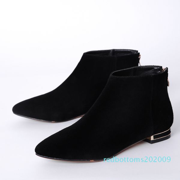 

women genuine suede leather pointed toe flats autumn ankle brand designer leisure comfortable short booties shoes women r09, Black