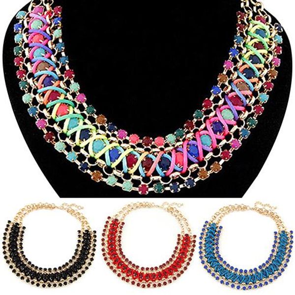 

women's rhinestone braided pendant collar statement chain charm necklace jewelry, Silver