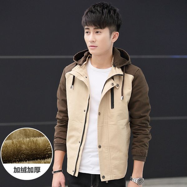 

2017 матовый и толстый мужской пиджак корейский стиль slim fit съемные hat мужчин куртки мужские пальто, Black;brown