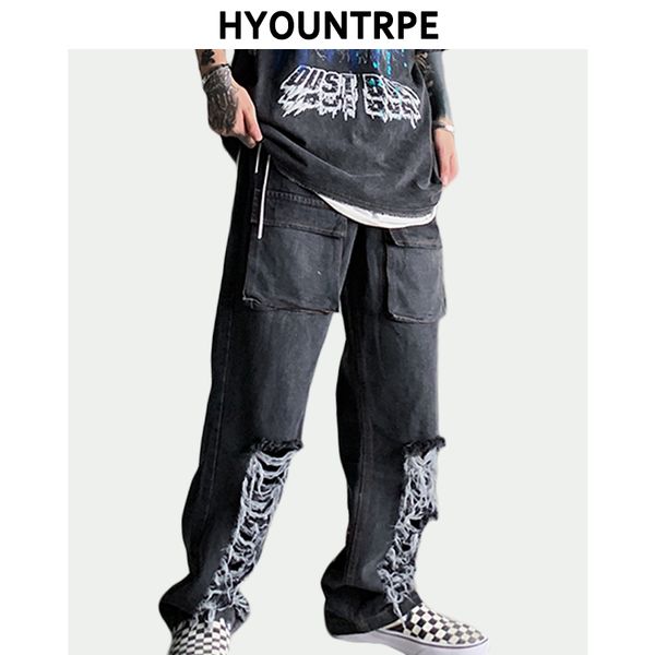 

men's jeans bottom ripped holes destroyed straight denim with pockets mens drawstring pant hip hop streetwear loose joggers men, Blue