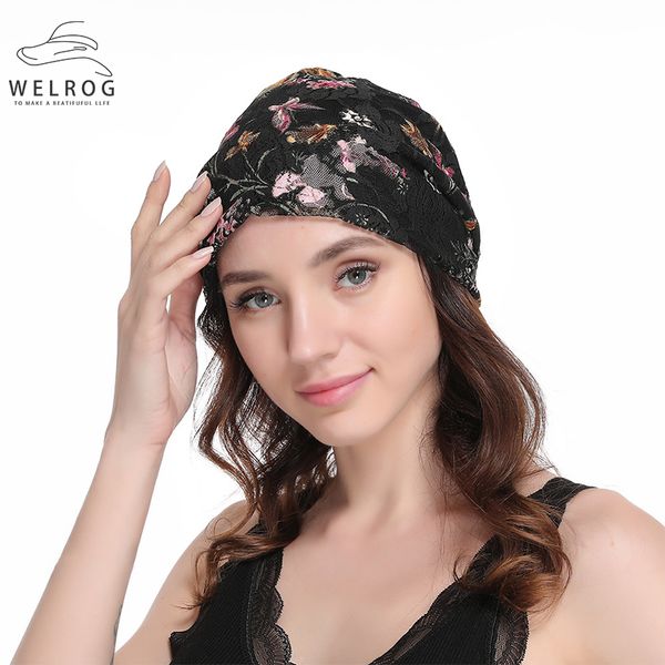 

welrog lace big flower turban caps black retro floral hedging hats fashion national hollow lace flowers headwear caps, Blue;gray