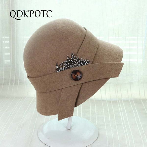 

qdkpotc female autumn winter party formal fedora hat woman bowknot feather fashion bucket hats lady banquet pure wool felt hat, Blue;gray