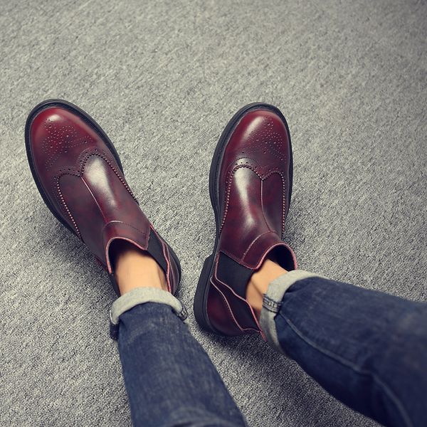 

2020 winter pu boots men elastic band pointed toe ankle boots solid casual motorcycle shoes plus size black brown