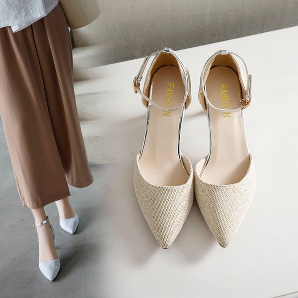 

2019 new style summer belt buckle pointed-toe a- line closed-toe thin heeled high heel shoes sandals crystal sequin versatile sl, Black