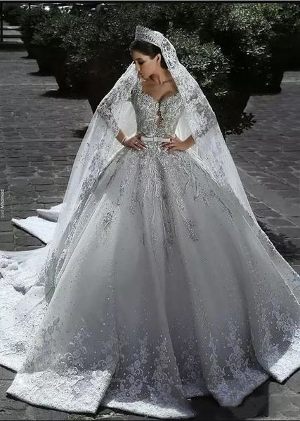 

2019 новое роскошное арабское бальное платье больших размеров свадебное платье гламурная половина рукава тюль аппликации из бисера и блесток, White