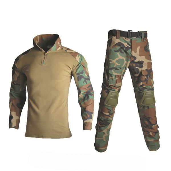 

woodland camouflage hunting clothes uniform tactical frog set ghillie suit sniper shirt + pants knee elbow pads, Camo
