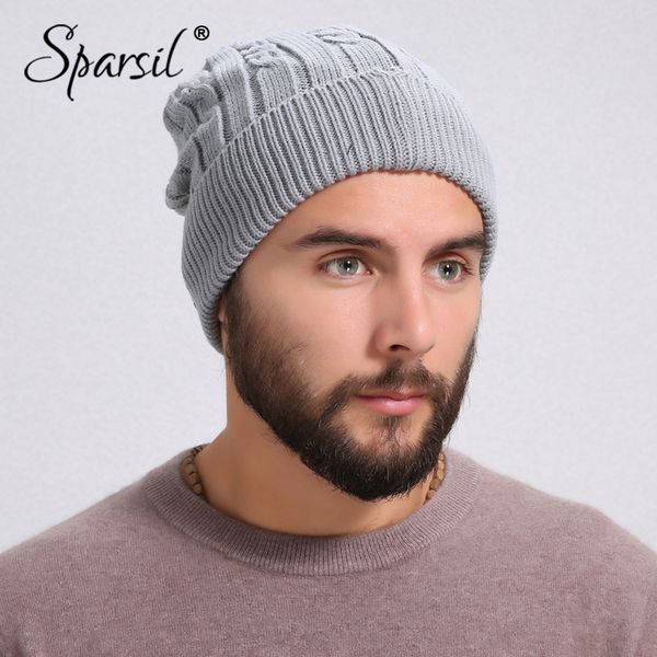 

sparsil women men autumn winter knitted hat fleeced inside cotton beanies warm solid thread caps male 2 layer elastic hat