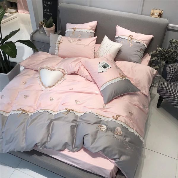 Gray Pink Princess Embroidery Egyptian Cotton Bedding Set Quilt