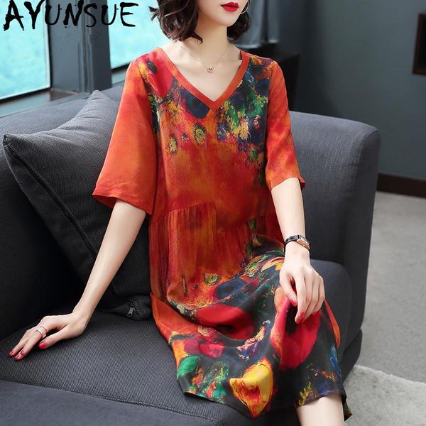 

ayunsue women summer silk casual dress elegant print plus size dress v neck floral women's dresses vintage vestido 2019 kj1854, Black;gray