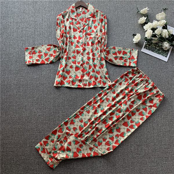

lisacmvpnel strawberry printing sweet women pajama set satin long sleeve trousers set pyjamas, Black;red