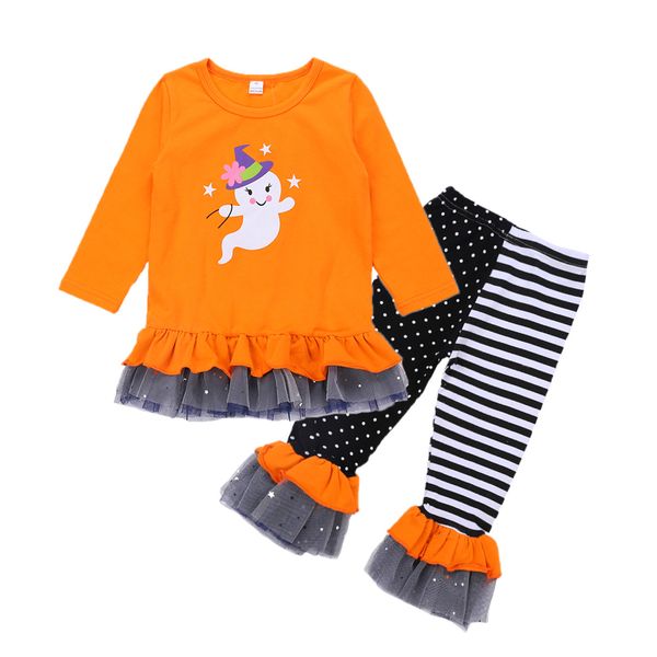 

retail girls halloween outfits 2pcs suit set(snowman ruffle tshirt+stripe flare pant)kids designer tracksuits girls clothing sets, White