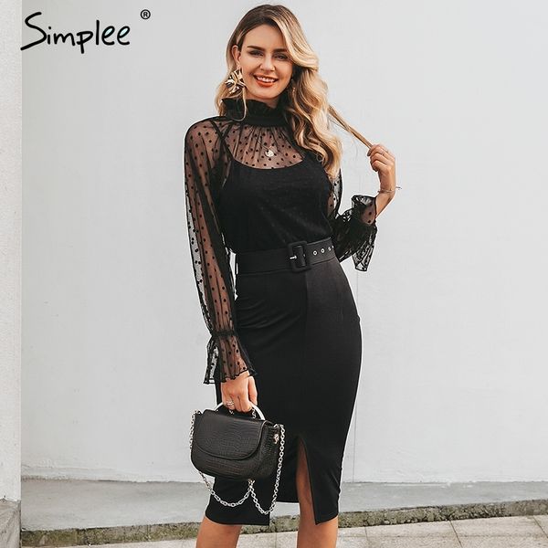 

simplee sexy полосатый кружева женщин платье черный горошек ремень сторона оболочки платье слоеного рукав осень зима офис дамы платье, Black;gray