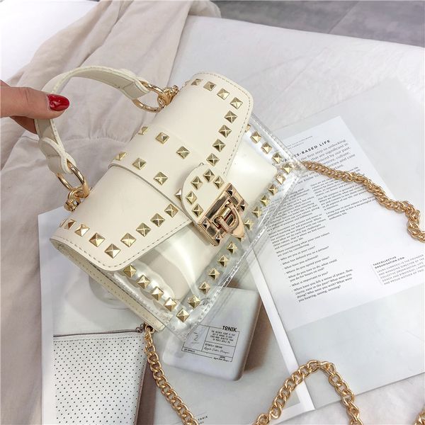 

small clear brand designer woman 2020 fashion messenger bag chains shoulder bag female rivets transparent square pu handbag