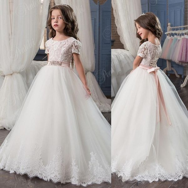 

flower girl dresses formal girls dresses for wedding 2020 short sleeves and lace up back appliques tulle ball gown, Red;yellow