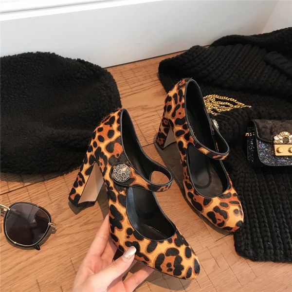 

fashion luxury design round toe high heel women leopard thick heel retro shoes new wild trend women's shoes size 35-40, Black