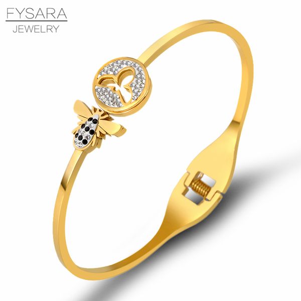 

fysara classic insect design bees crystals bangle bracelet for women stainless steel gold color cuff bracelets famous jewelry, Black