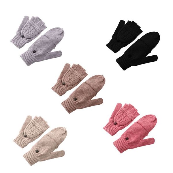 

women student winter faux fleece braided knitted half finger flip gloves thicken solid color fingerless convertible mittens wris, Blue;gray