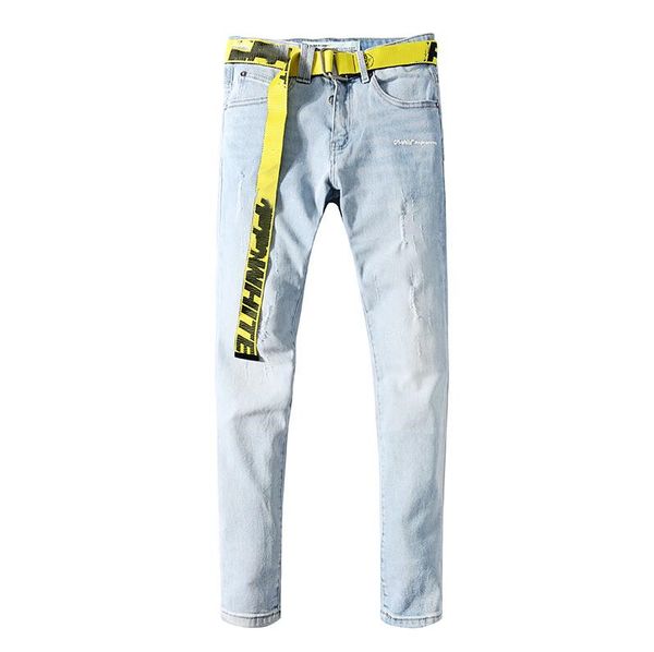 

2019 men's designer brand off jeans classic hip hop pants designer jeans distressed ripped biker jean slim fit motorcycle denim jeans, Blue