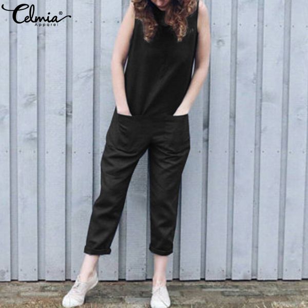 

2019 summer rompers celmia vintage women jumpsuits casual sleeveless linen harem trousers loose playsuit solid plus size overall, Black;white