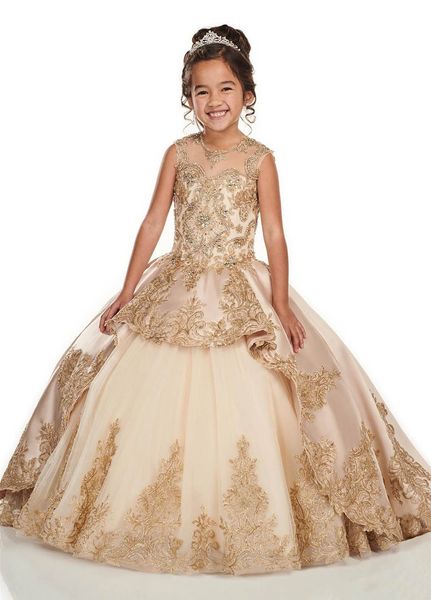 Şampanya Çiçek Kız Elbise Düğün Için Jewel Boyun Dantel Aplikler Boncuk Kolsuz Hollow Geri Uzun Çocuklar Doğum Günü Kız Pageant Abiye