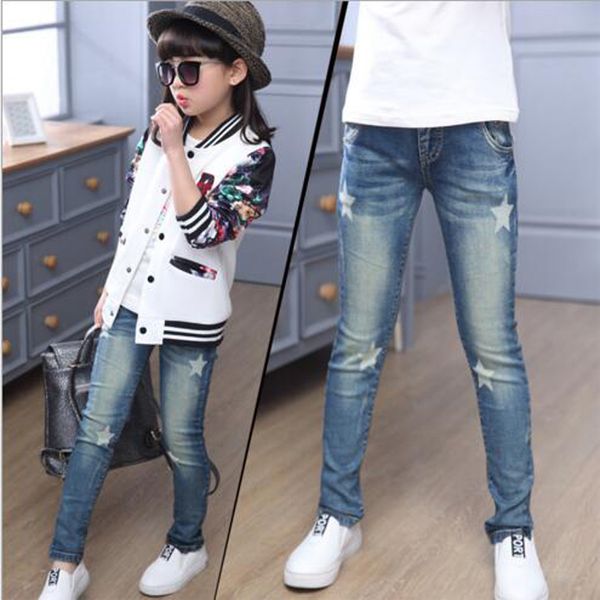 

girls pants full-length jeans girls kids trousers embroidery jeans denim casual pants children pants outwear, Blue