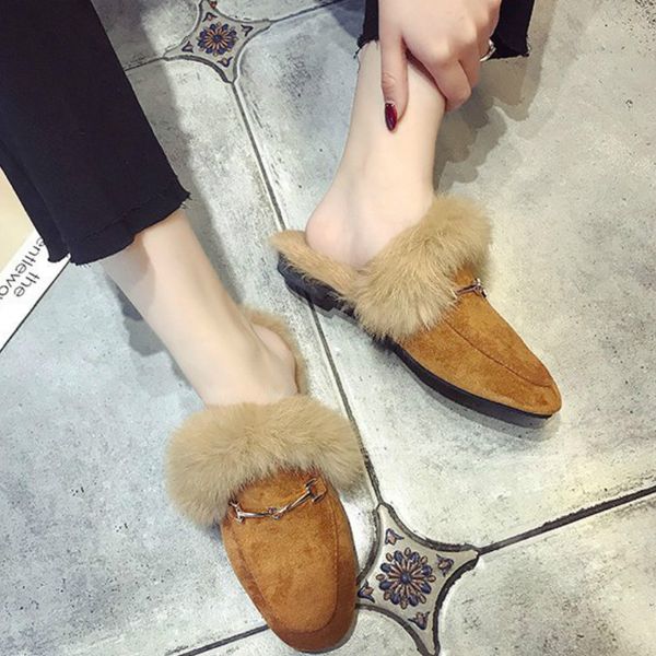 

autumn winter new faux fur mules women lazy shoes loafers comfort pregnant shoes women furry slides fluffy hairy flip flops, Black